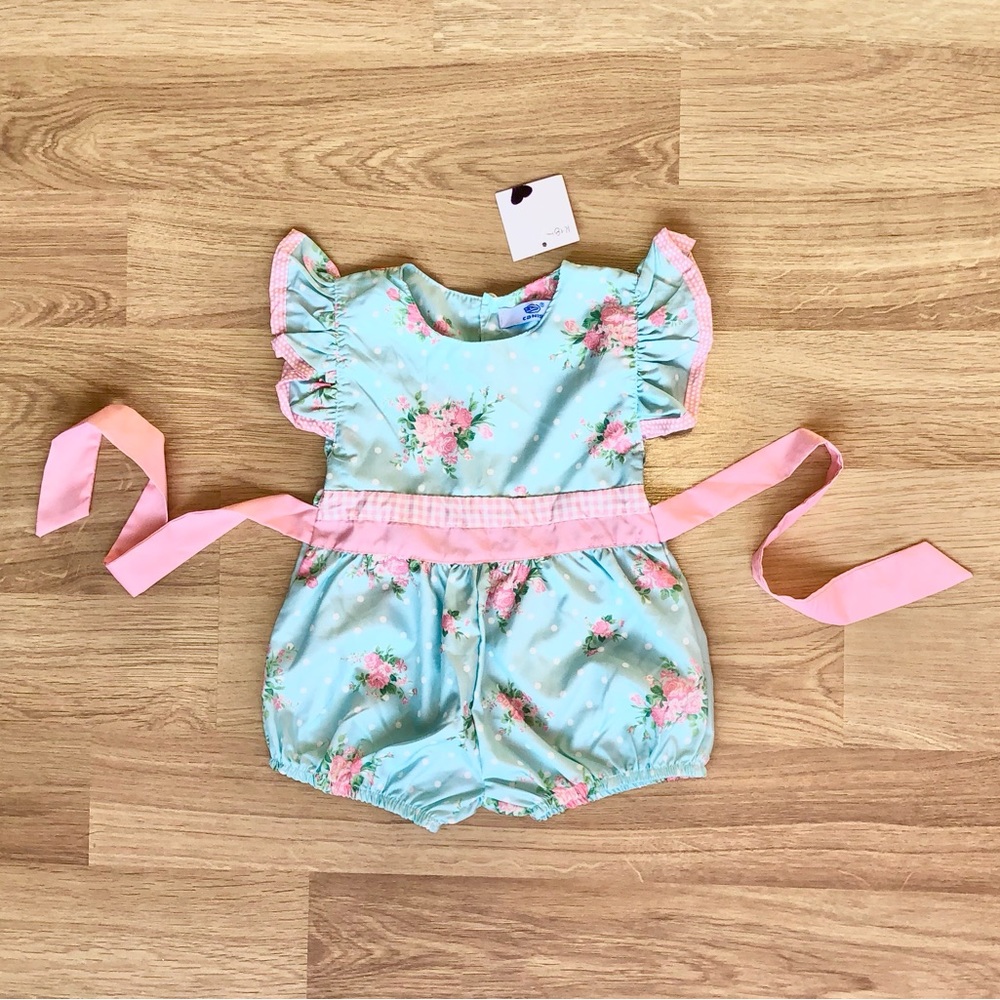 NWT Baby Girl Romper-Floral and Polka Dot with Flutter Sleeves and Ribbon Tie
